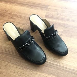 Black leather mules